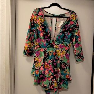 Plus size floral low cut open back romper